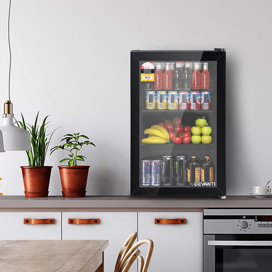 70L Bar Fridge Glass Door w/Light Black - Devanti Mini Countertop Freezer