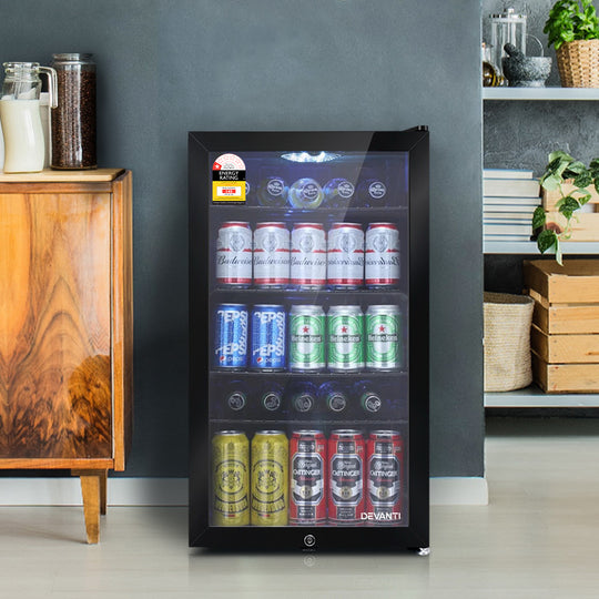 98L Bar Fridge Glass Door w/Light Black - Devanti Mini Freezer Countertop