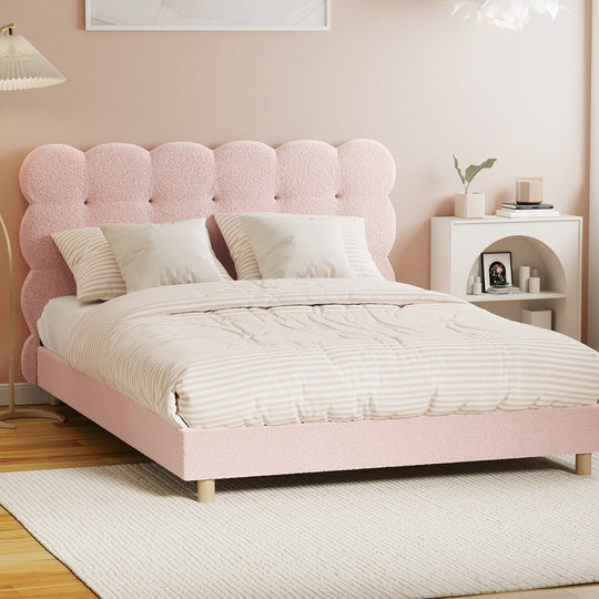 Tufted Bedhead Boucle Fabric Bed Frame Pink  S/D/Q/K/KS