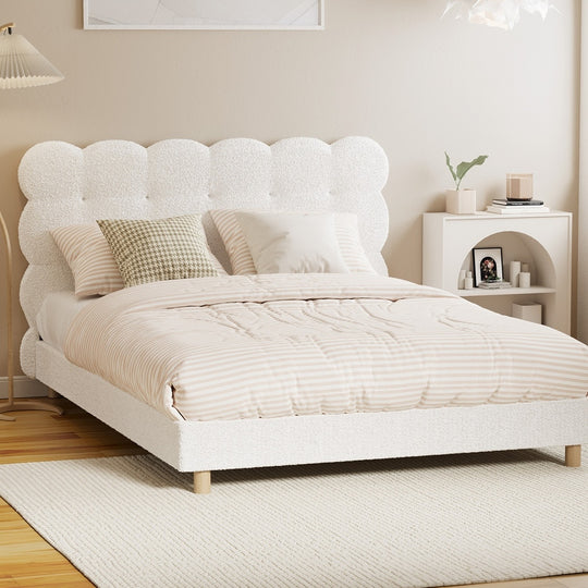 Boucle Fabric Bed Frame with Tufted Bedhead and Modern Design