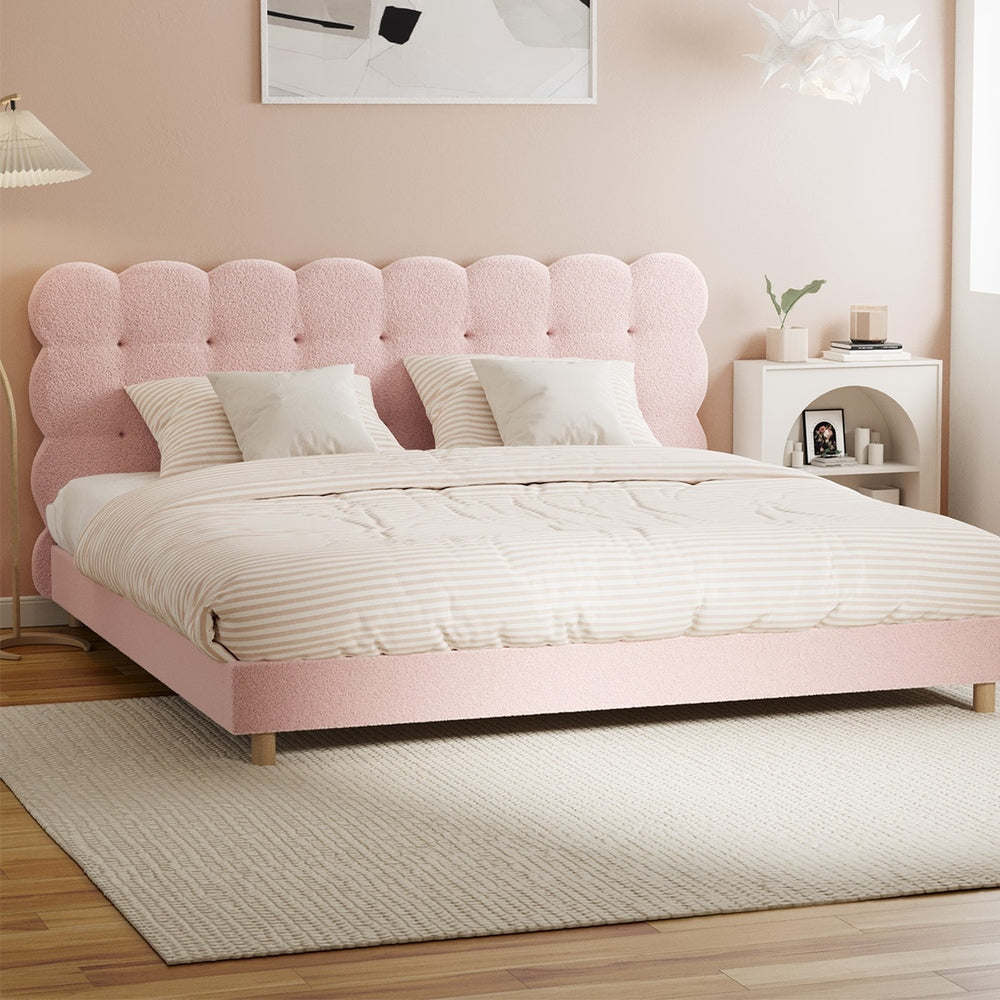 Tufted Bedhead Boucle Fabric Bed Frame Pink  S/D/Q/K/KS