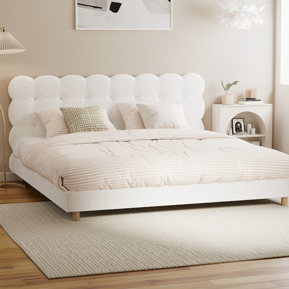 Boucle Fabric Bed Frame with Tufted Bedhead and Modern Design