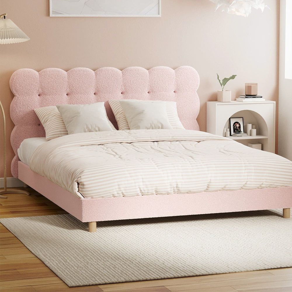 Tufted Bedhead Boucle Fabric Bed Frame Pink  S/D/Q/K/KS