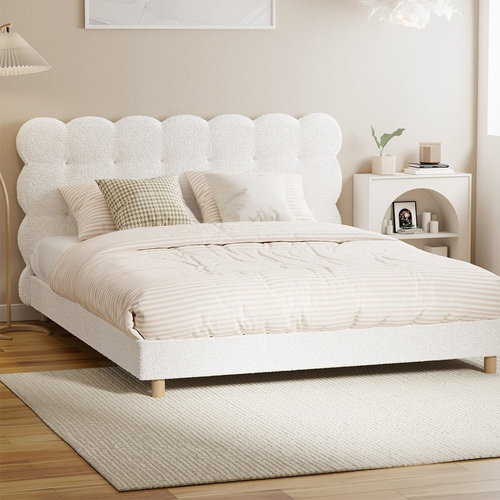 Boucle Fabric Bed Frame with Tufted Bedhead and Modern Design