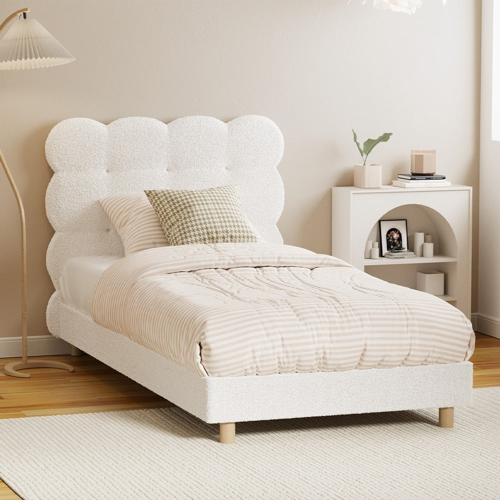 Boucle Fabric Bed Frame with Tufted Bedhead and Modern Design