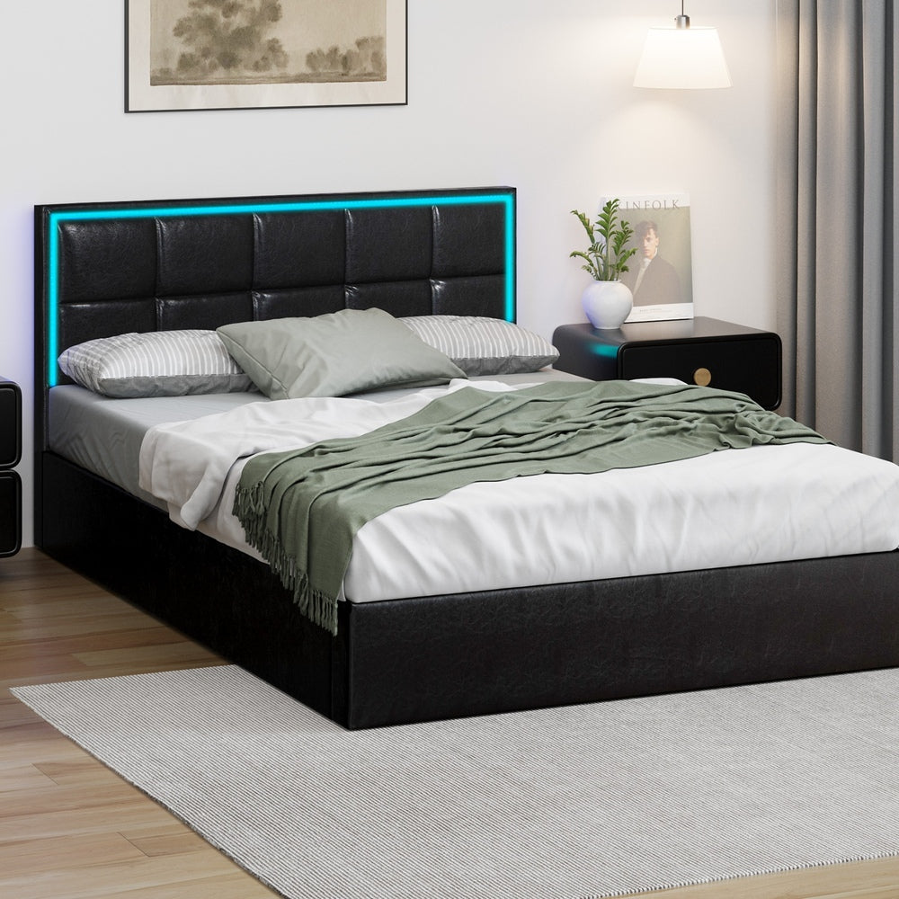 Leather Bed Frame with RGB LED Gas Lift Storage Base