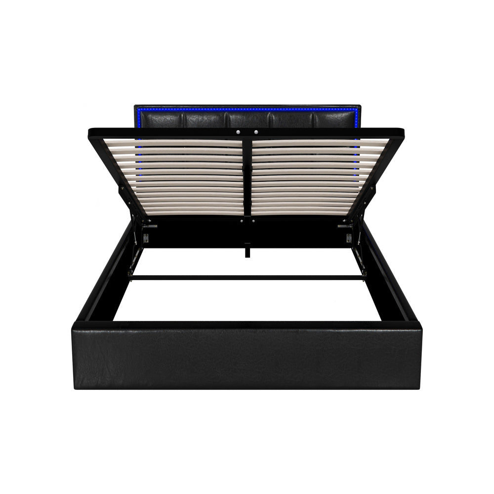 Leather Bed Frame with RGB LED Gas Lift Storage Base