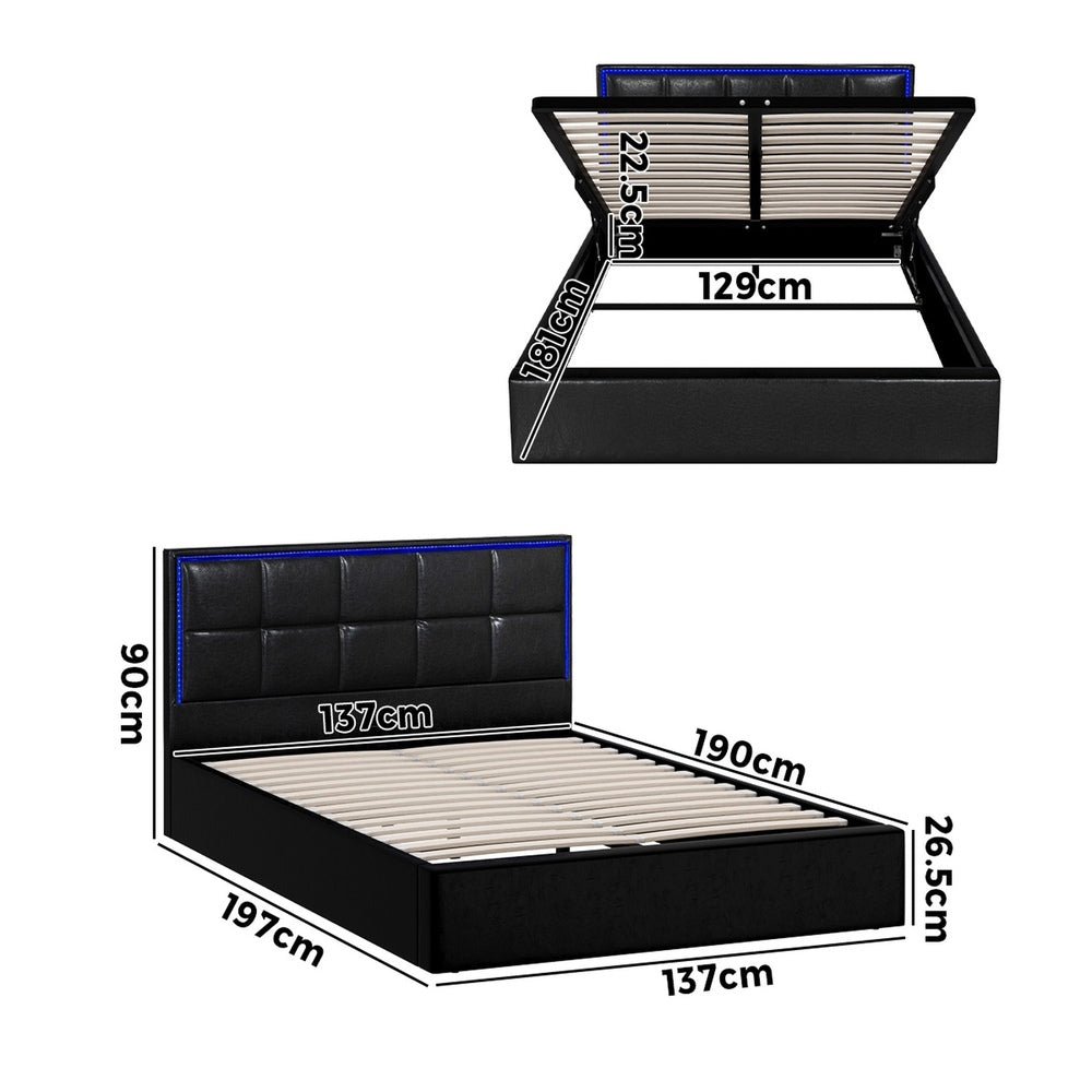 Leather Bed Frame with RGB LED Gas Lift Storage Base