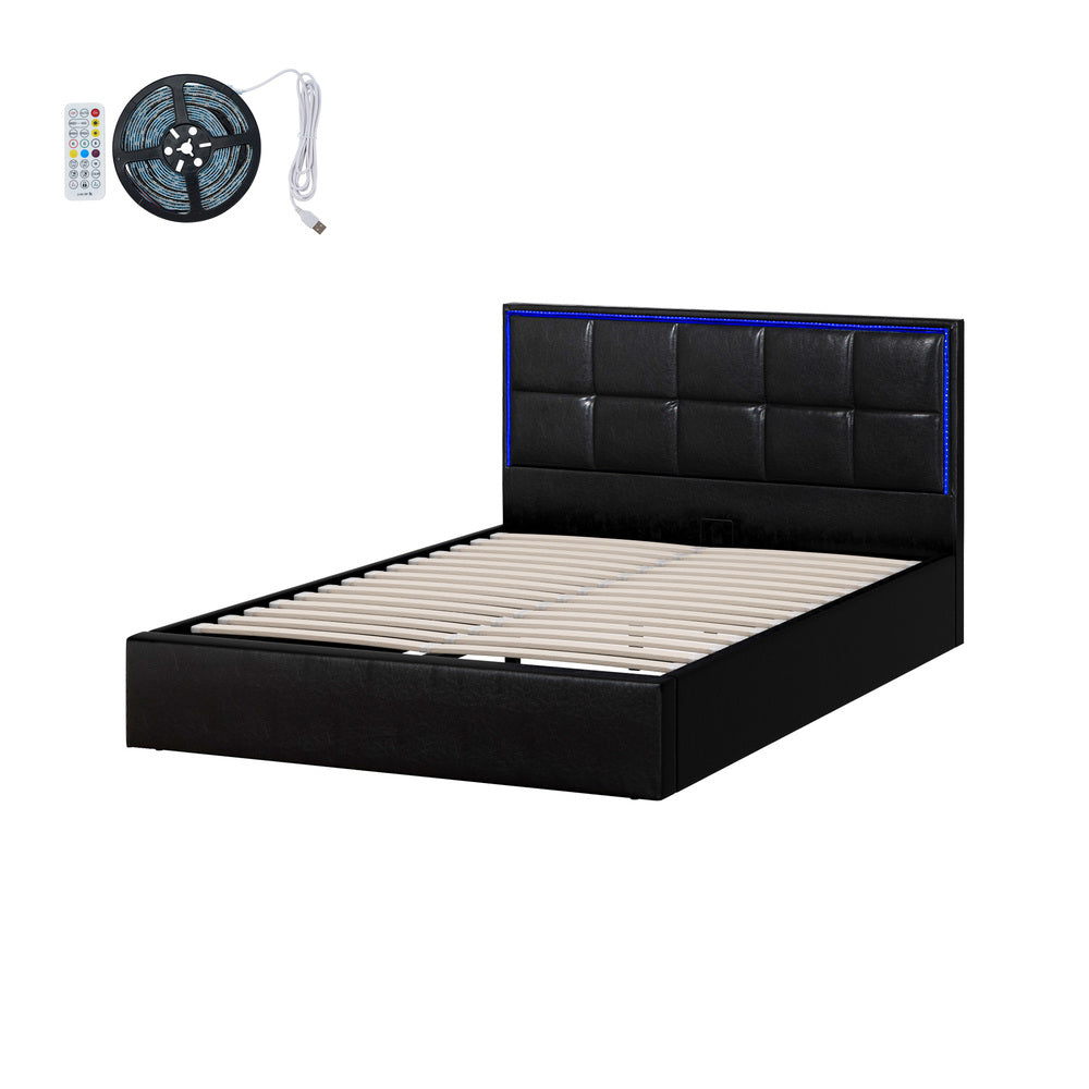 Leather Bed Frame with RGB LED Gas Lift Storage Base