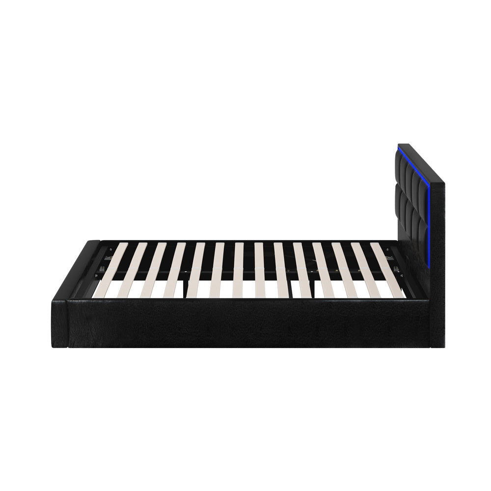 Leather Bed Frame with RGB LED Gas Lift Storage Base
