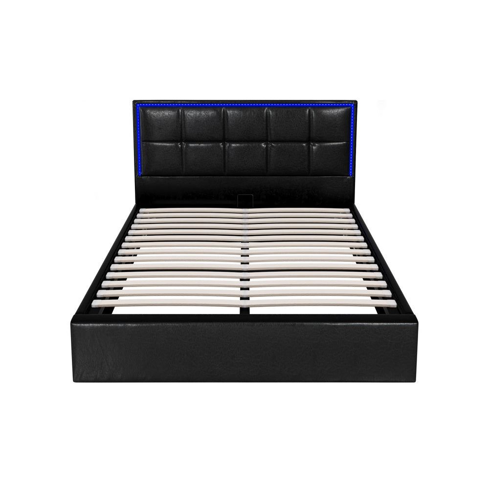Leather Bed Frame with RGB LED Gas Lift Storage Base