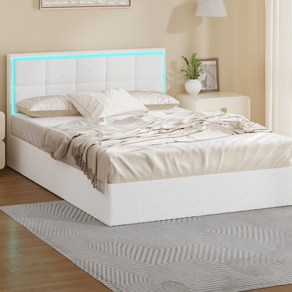 White Boucle Bed Frame with RGB LED Gas Lift Storage Base