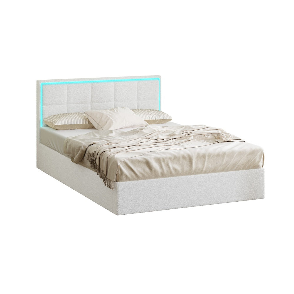 White Boucle Bed Frame with RGB LED Gas Lift Storage Base