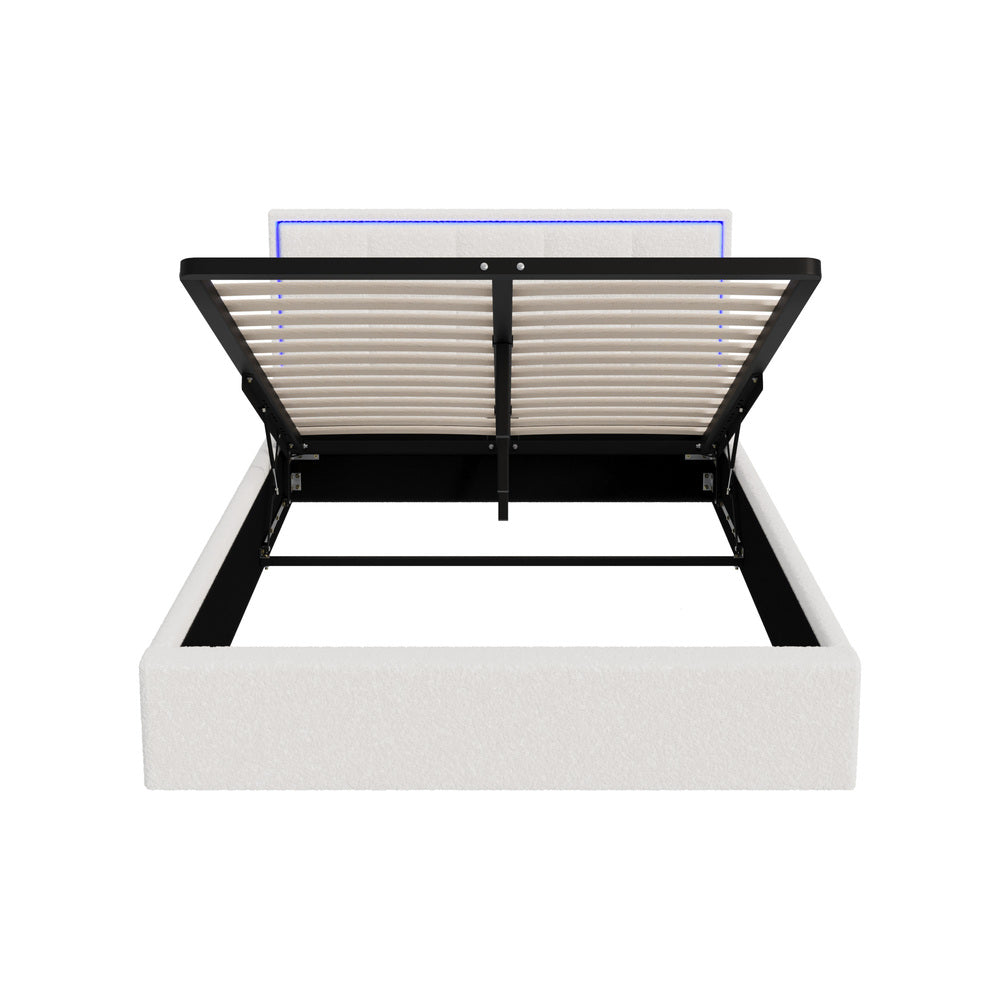 White Boucle Bed Frame with RGB LED Gas Lift Storage Base