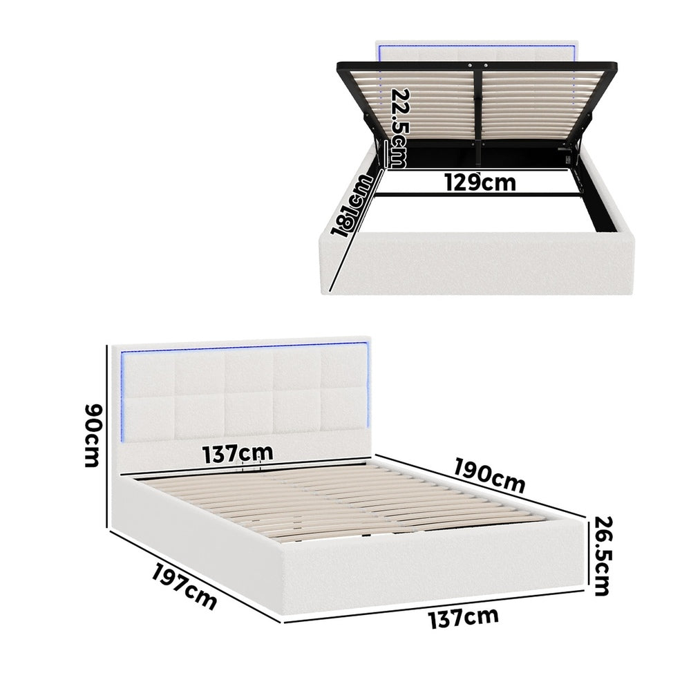 White Boucle Bed Frame with RGB LED Gas Lift Storage Base