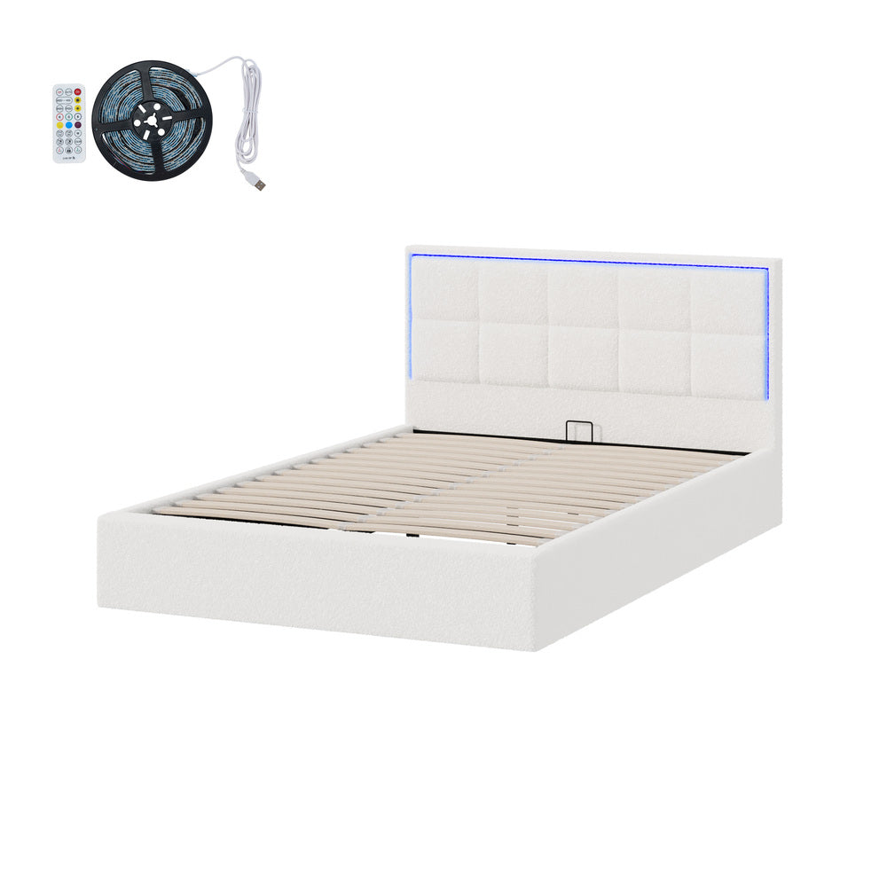 White Boucle Bed Frame with RGB LED Gas Lift Storage Base
