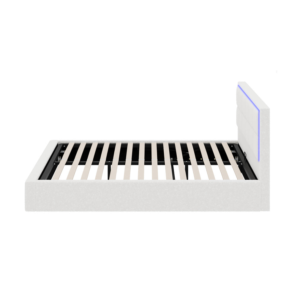 White Boucle Bed Frame with RGB LED Gas Lift Storage Base