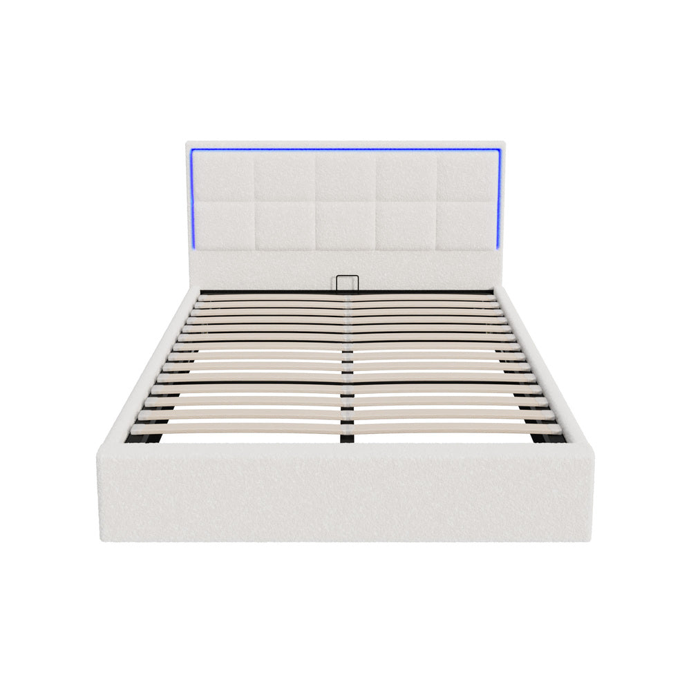 White Boucle Bed Frame with RGB LED Gas Lift Storage Base
