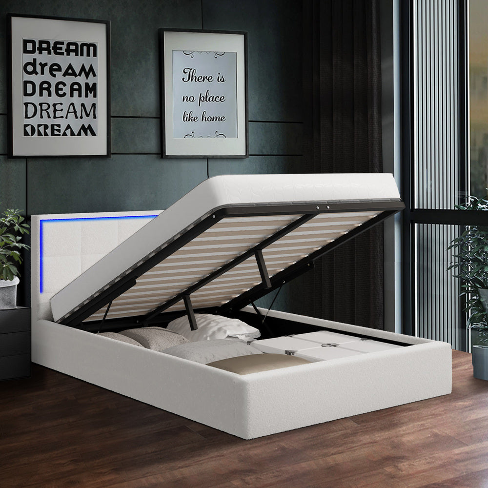 White Boucle Bed Frame with RGB LED Gas Lift Storage Base