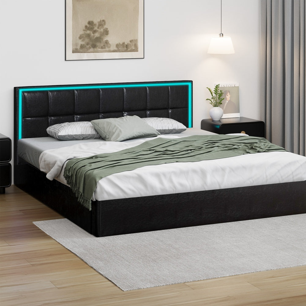 Leather Bed Frame with RGB LED Gas Lift Storage Base
