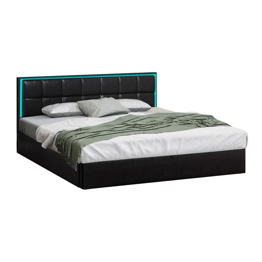 Leather Bed Frame with RGB LED Gas Lift Storage Base