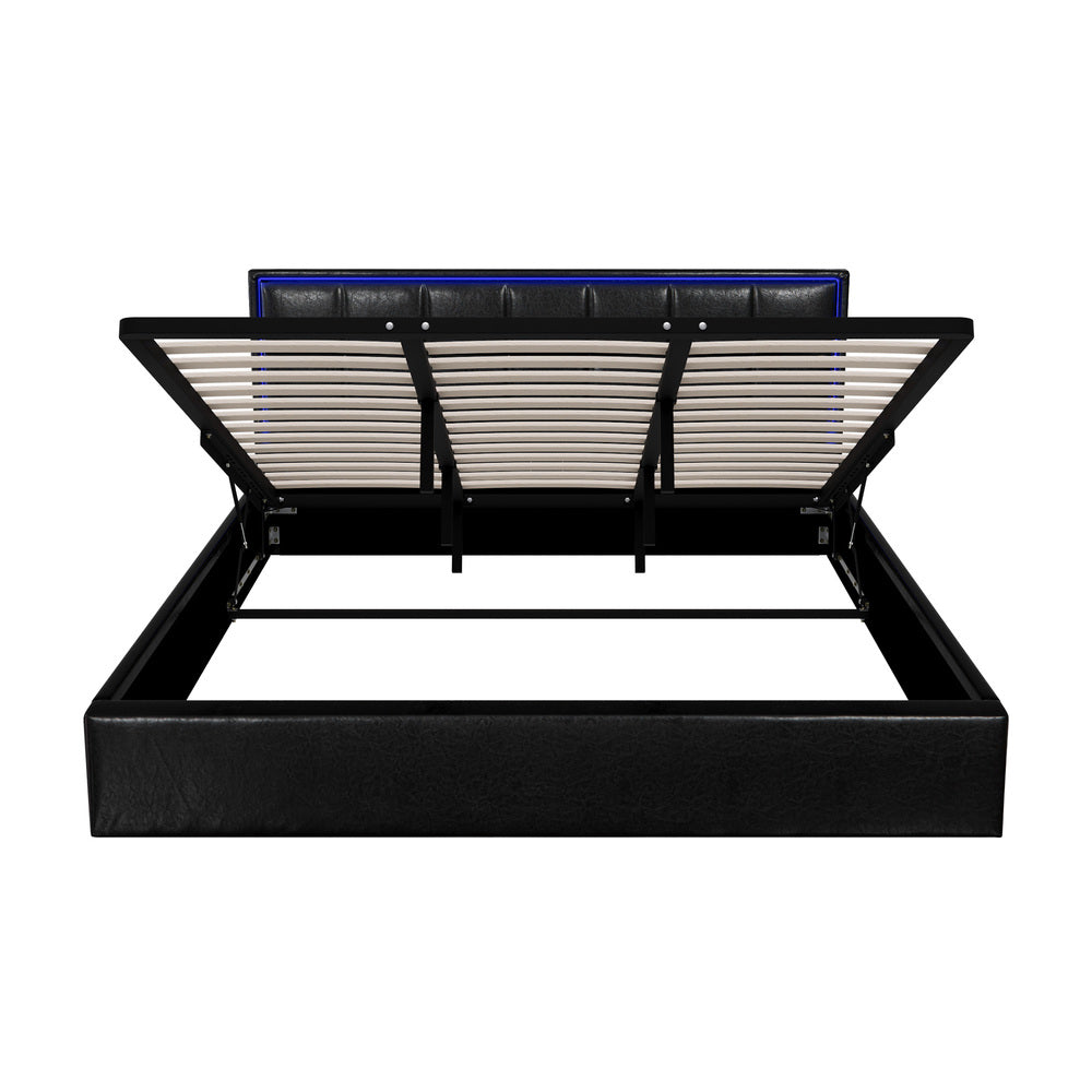 Leather Bed Frame with RGB LED Gas Lift Storage Base