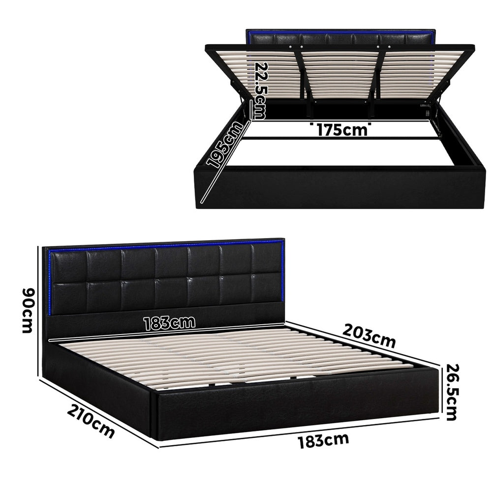 Leather Bed Frame with RGB LED Gas Lift Storage Base