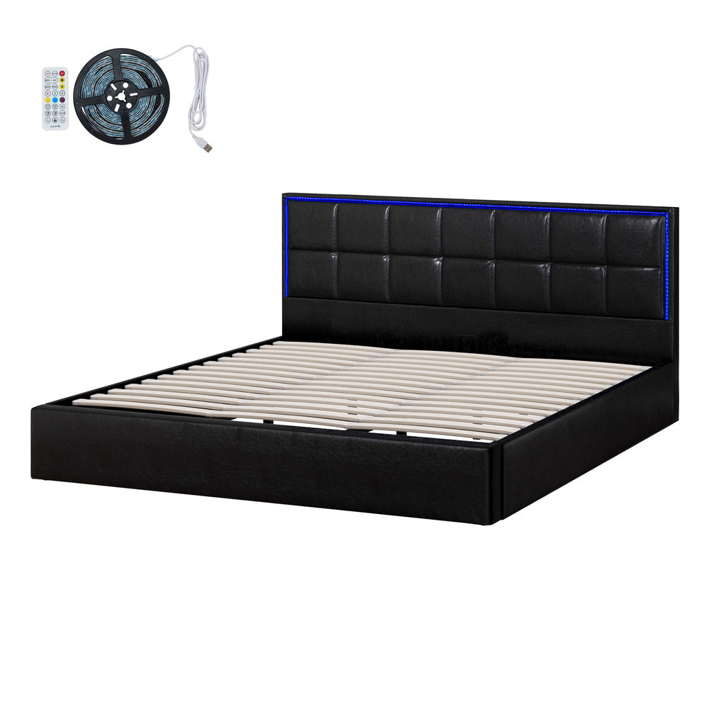 Leather Bed Frame with RGB LED Gas Lift Storage Base