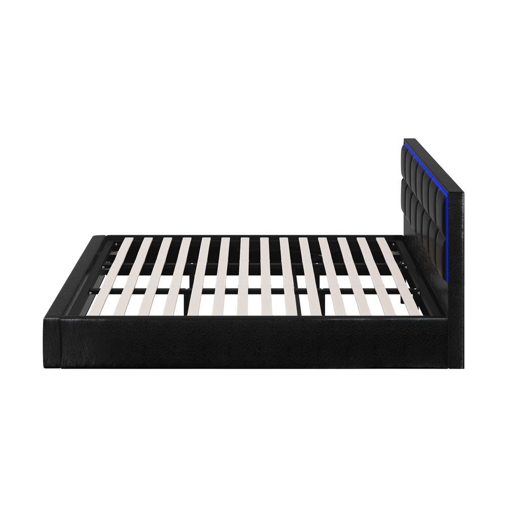 Leather Bed Frame with RGB LED Gas Lift Storage Base