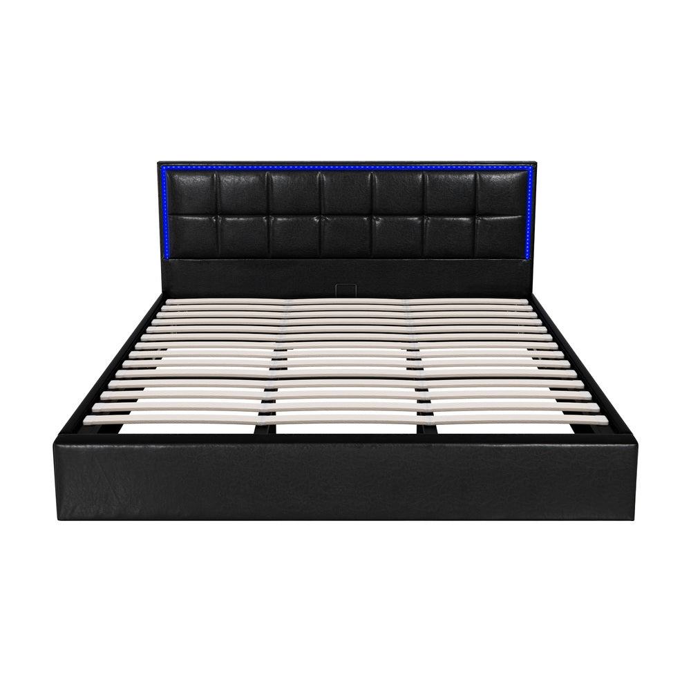 Leather Bed Frame with RGB LED Gas Lift Storage Base