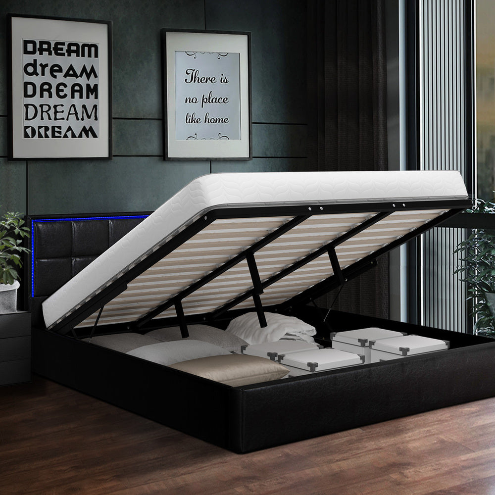 Leather Bed Frame with RGB LED Gas Lift Storage Base