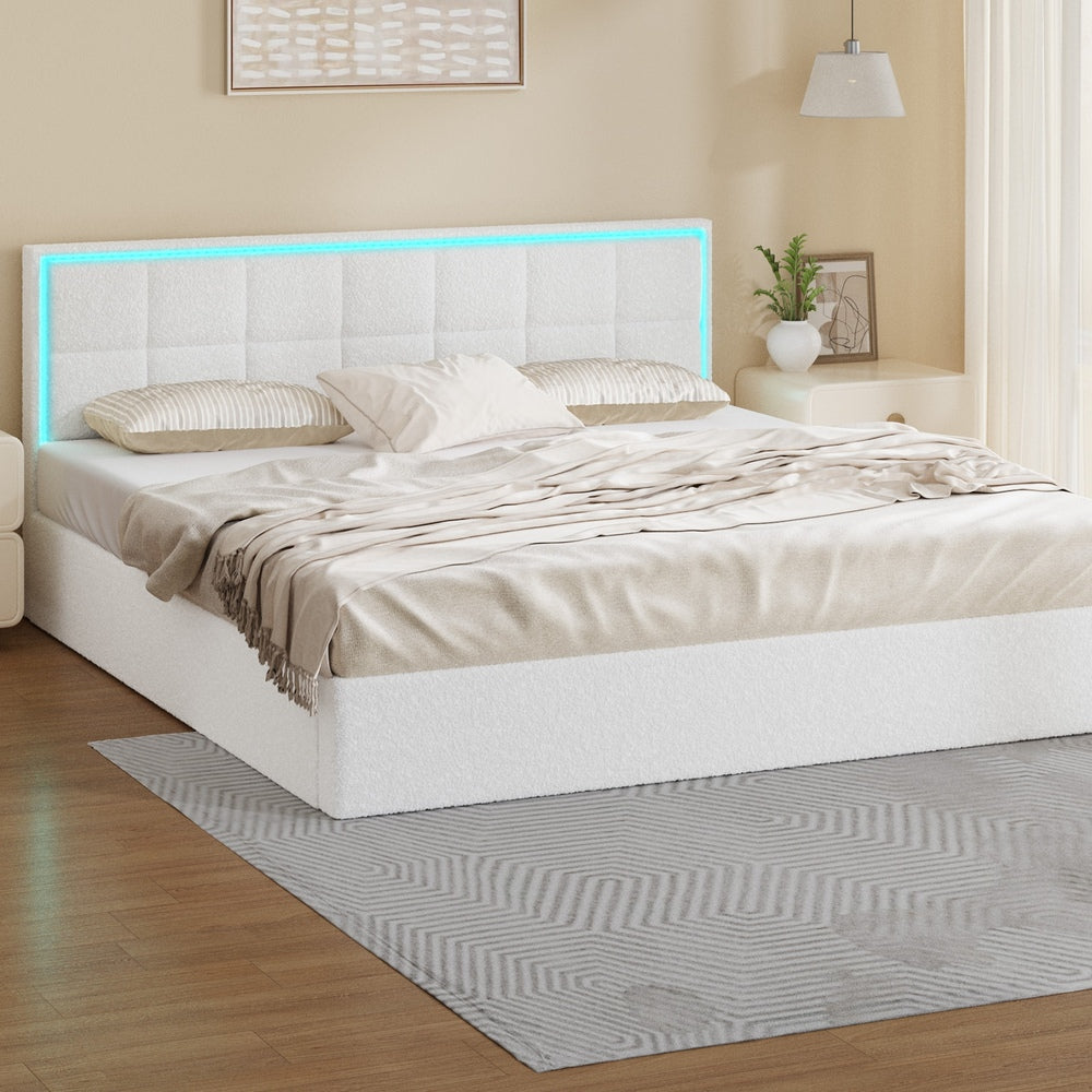 White Boucle Bed Frame with RGB LED Gas Lift Storage Base