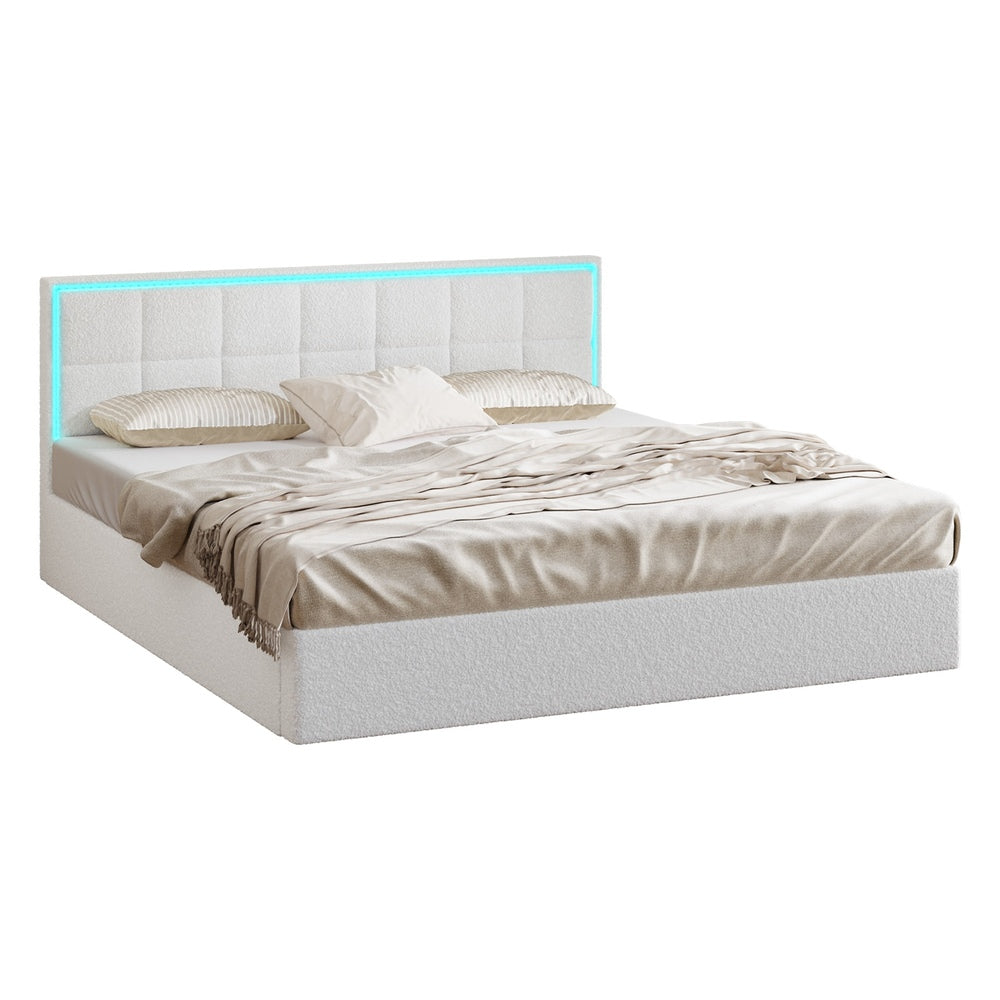 White Boucle Bed Frame with RGB LED Gas Lift Storage Base