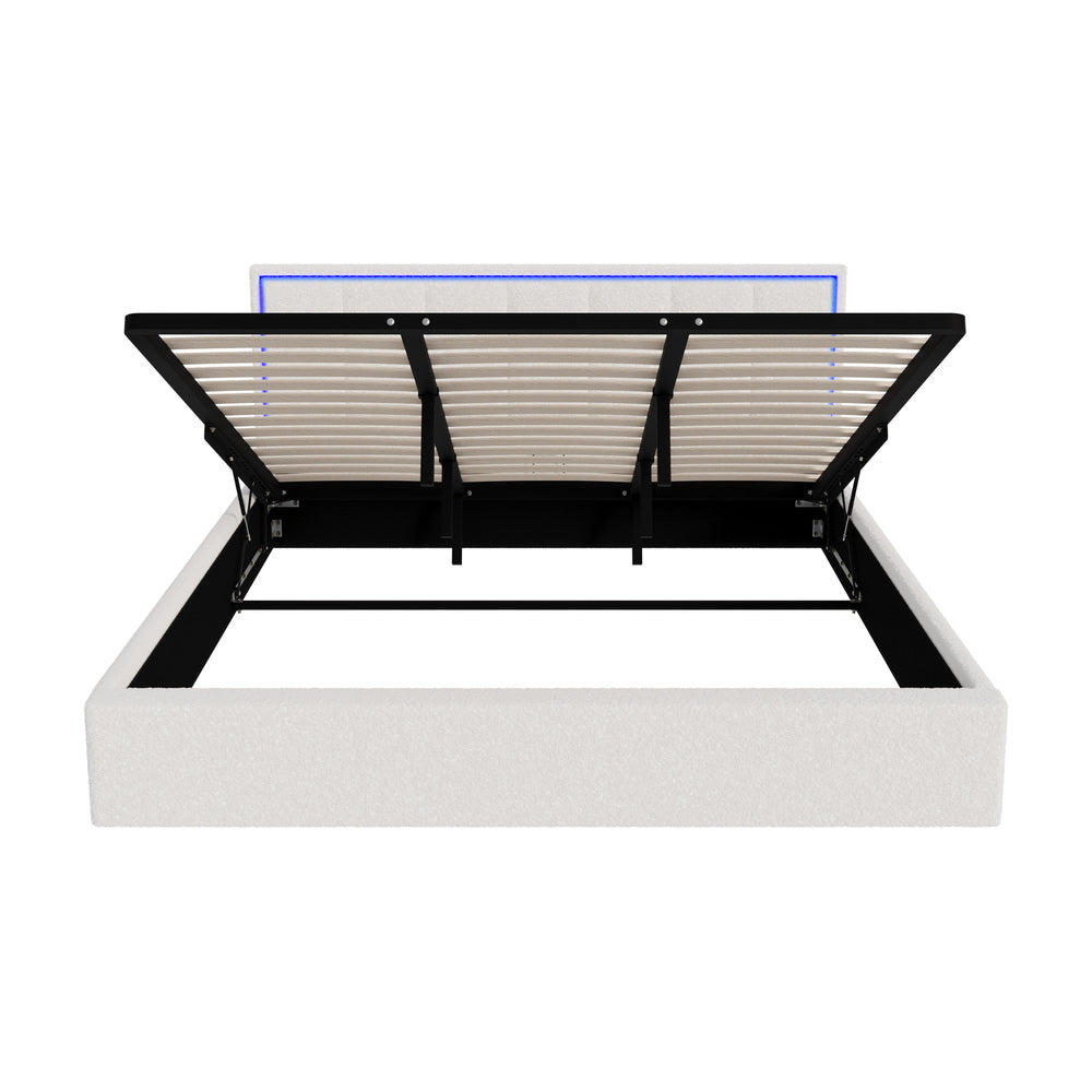 White Boucle Bed Frame with RGB LED Gas Lift Storage Base