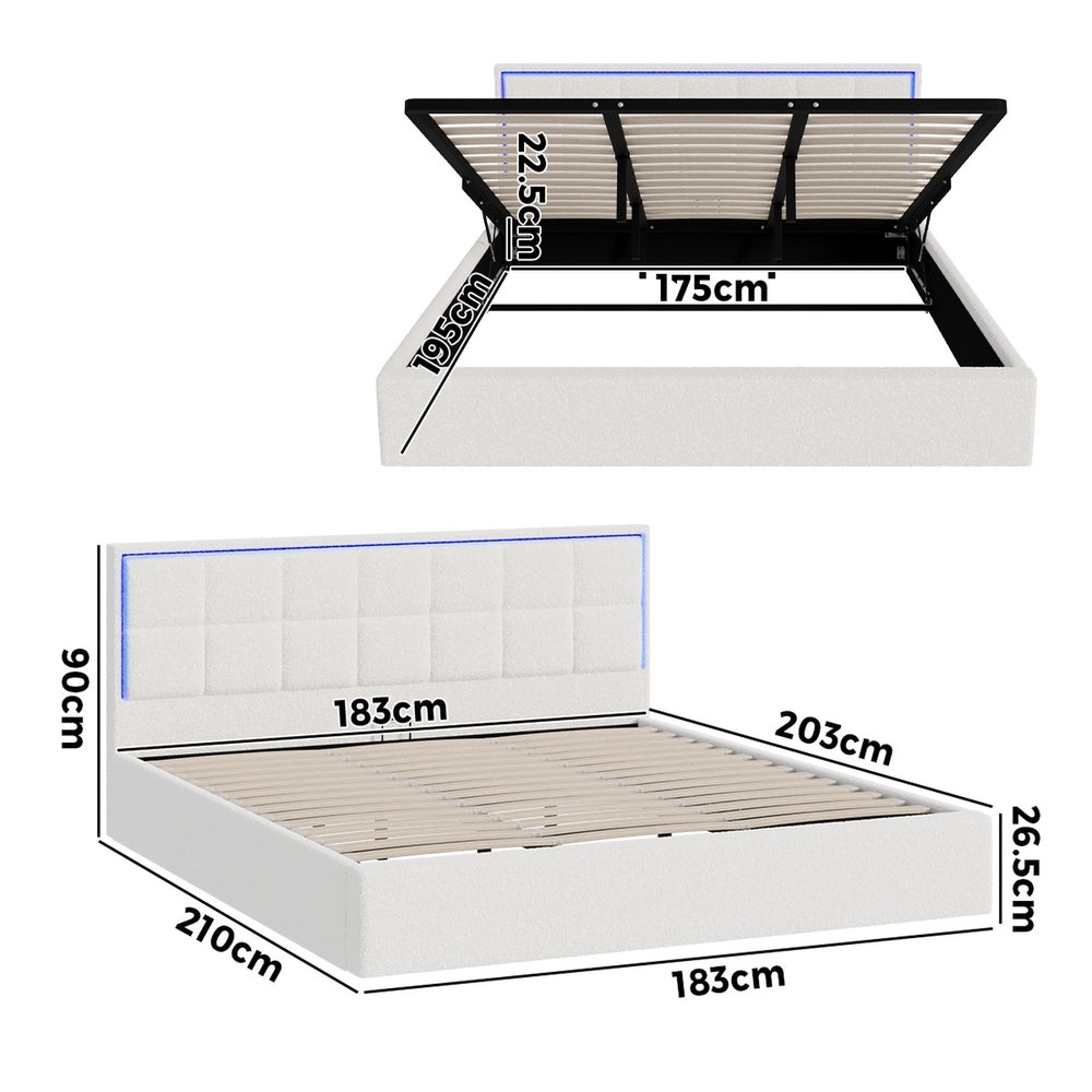 White Boucle Bed Frame with RGB LED Gas Lift Storage Base