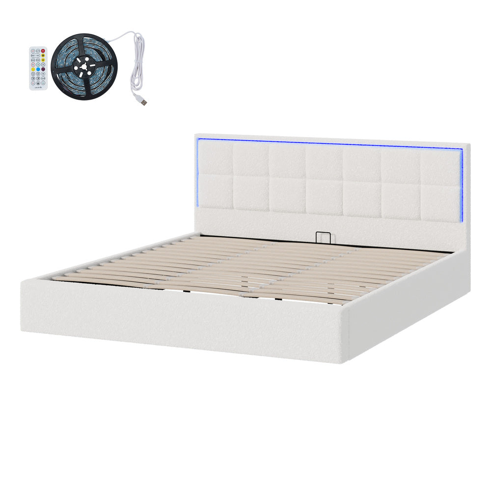 White Boucle Bed Frame with RGB LED Gas Lift Storage Base