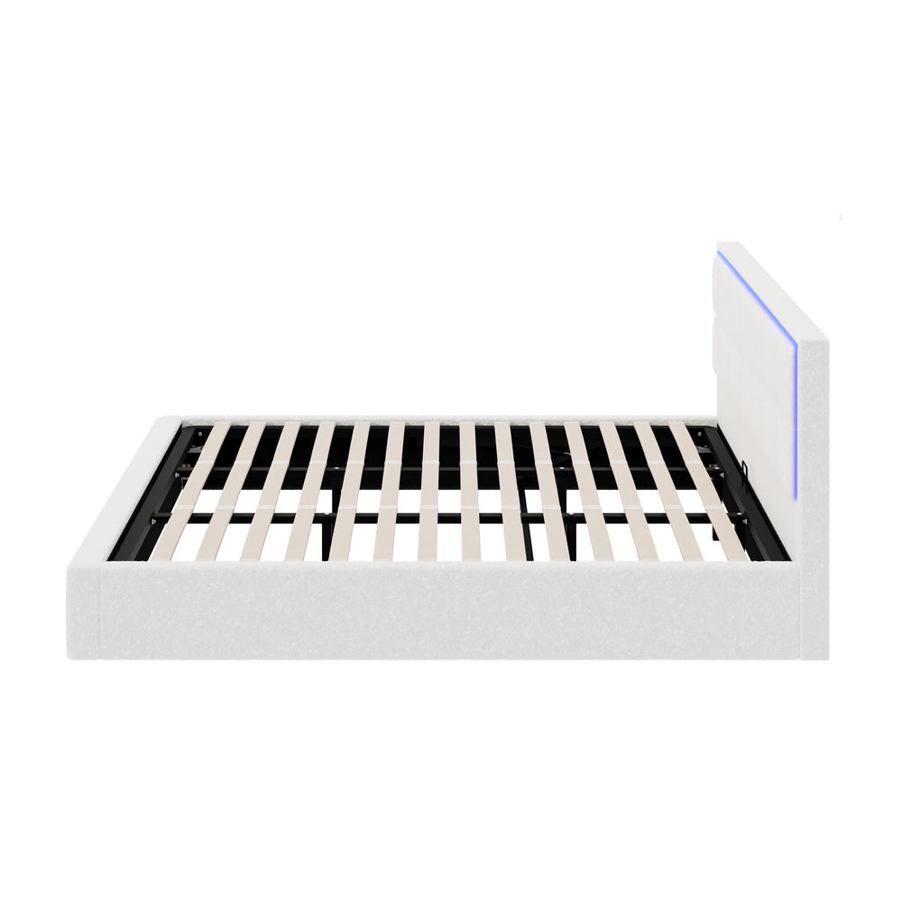 White Boucle Bed Frame with RGB LED Gas Lift Storage Base