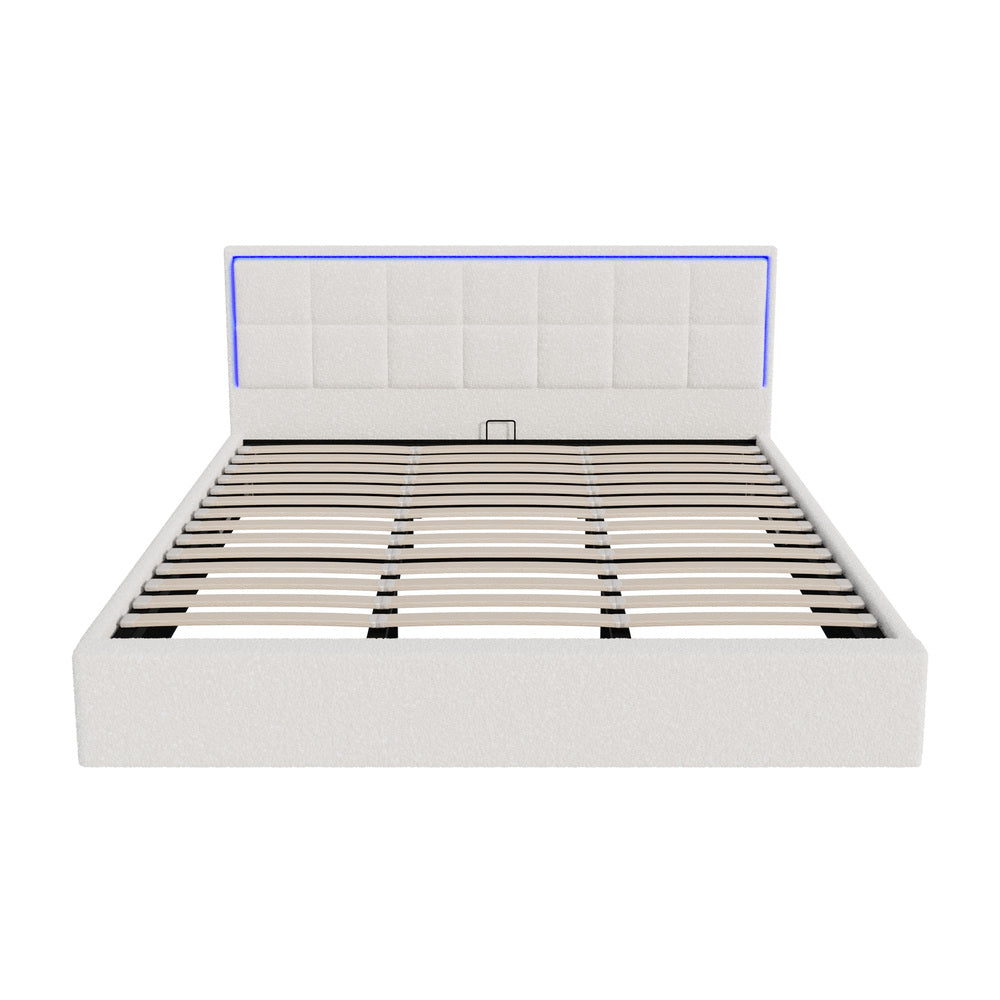 White Boucle Bed Frame with RGB LED Gas Lift Storage Base