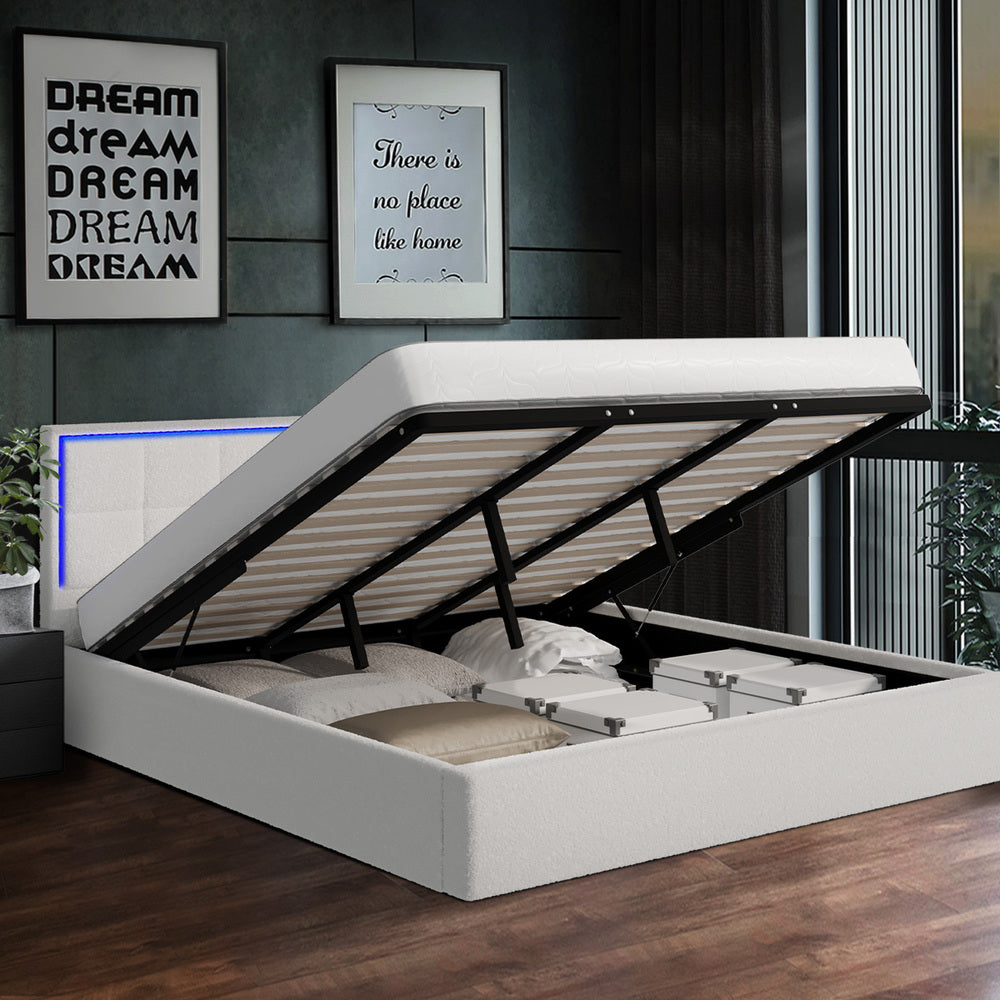 White Boucle Bed Frame with RGB LED Gas Lift Storage Base