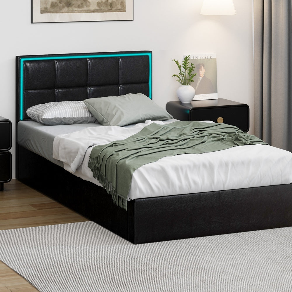 Sleek Leather Bed Frame with RGB LED Gas Lift Storage Base King Single