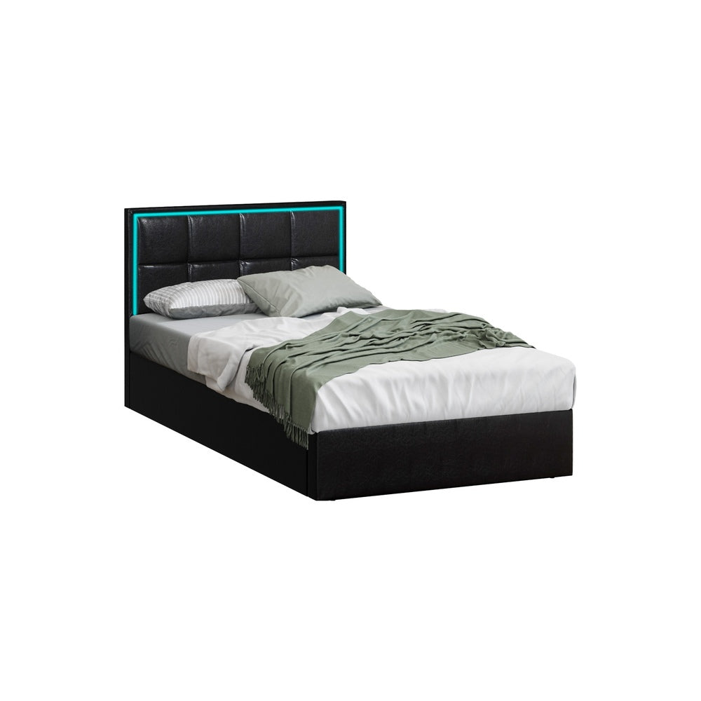Sleek Leather Bed Frame with RGB LED Gas Lift Storage Base King Single