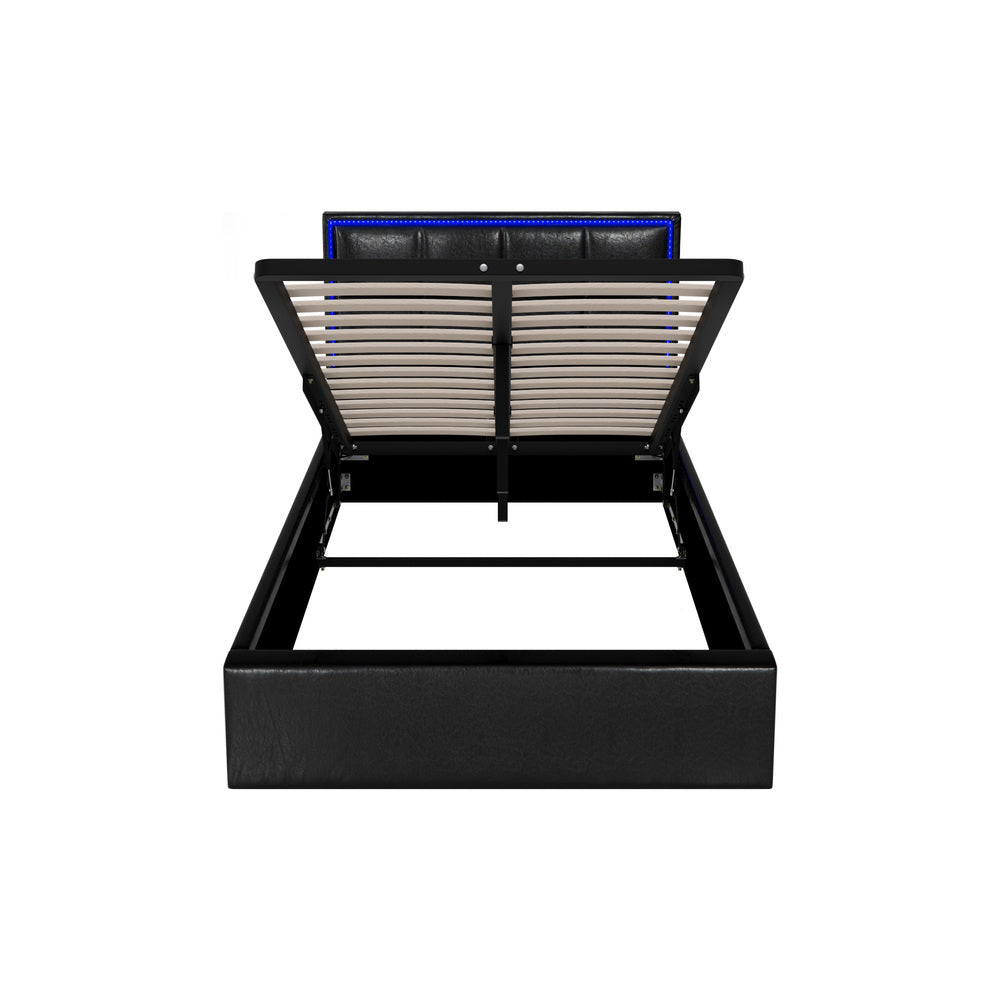 Sleek Leather Bed Frame with RGB LED Gas Lift Storage Base King Single