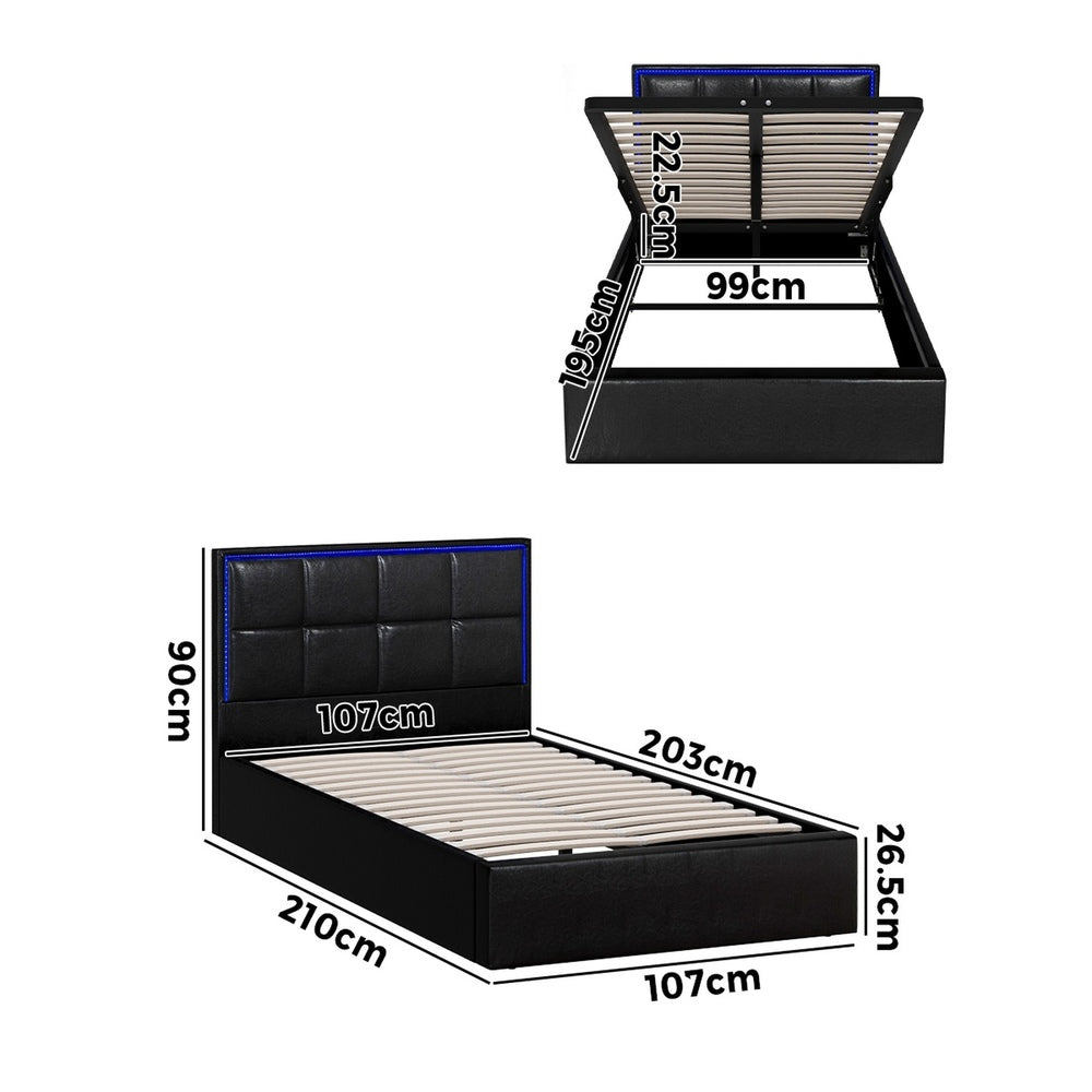 Sleek Leather Bed Frame with RGB LED Gas Lift Storage Base King Single