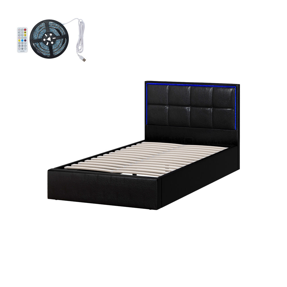 Sleek Leather Bed Frame with RGB LED Gas Lift Storage Base King Single