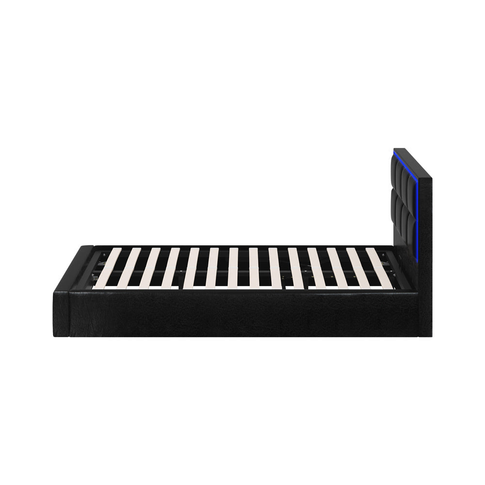 Sleek Leather Bed Frame with RGB LED Gas Lift Storage Base King Single