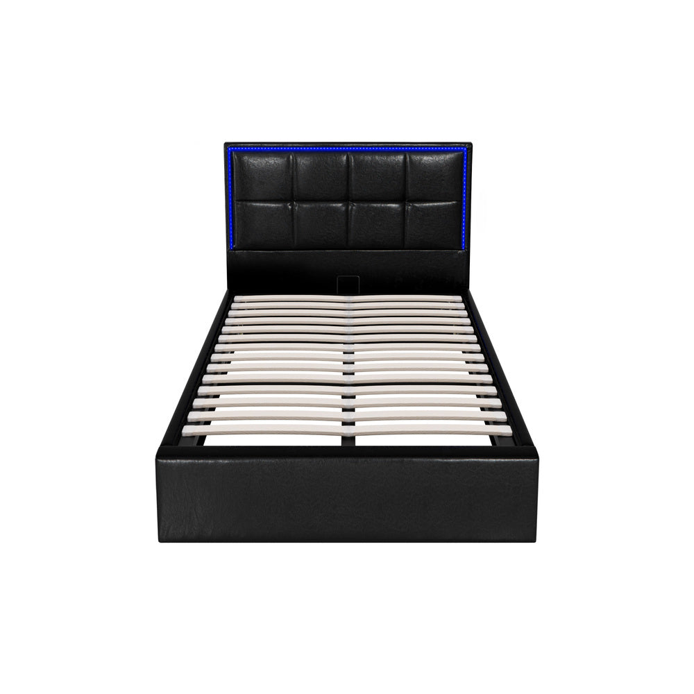 Sleek Leather Bed Frame with RGB LED Gas Lift Storage Base King Single