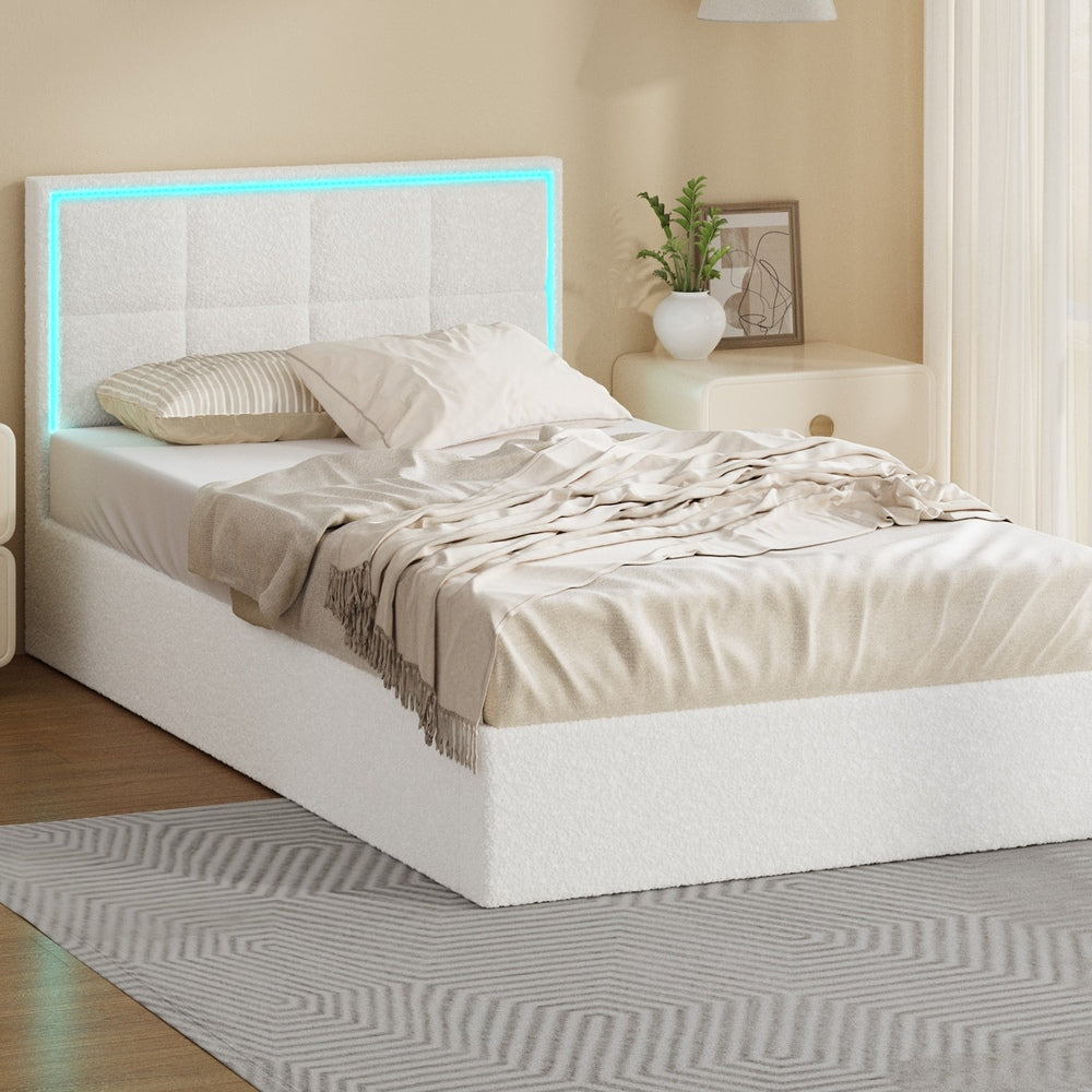 White Boucle Bed Frame with RGB LED Gas Lift Storage King Single