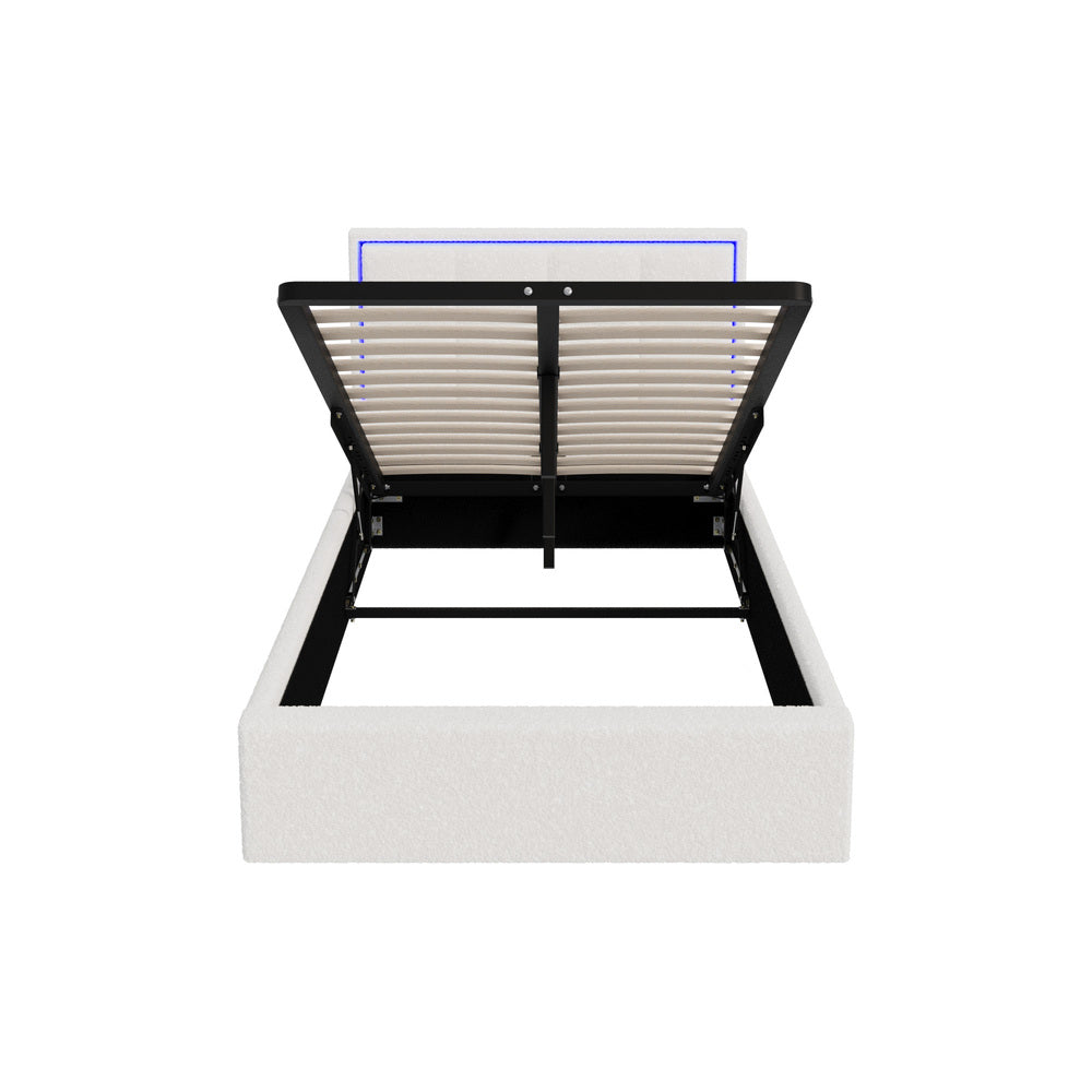 White Boucle Bed Frame with RGB LED Gas Lift Storage King Single