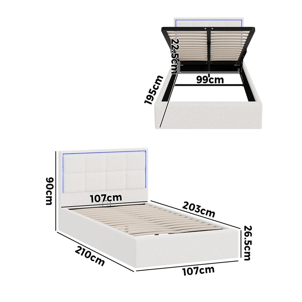 White Boucle Bed Frame with RGB LED Gas Lift Storage King Single