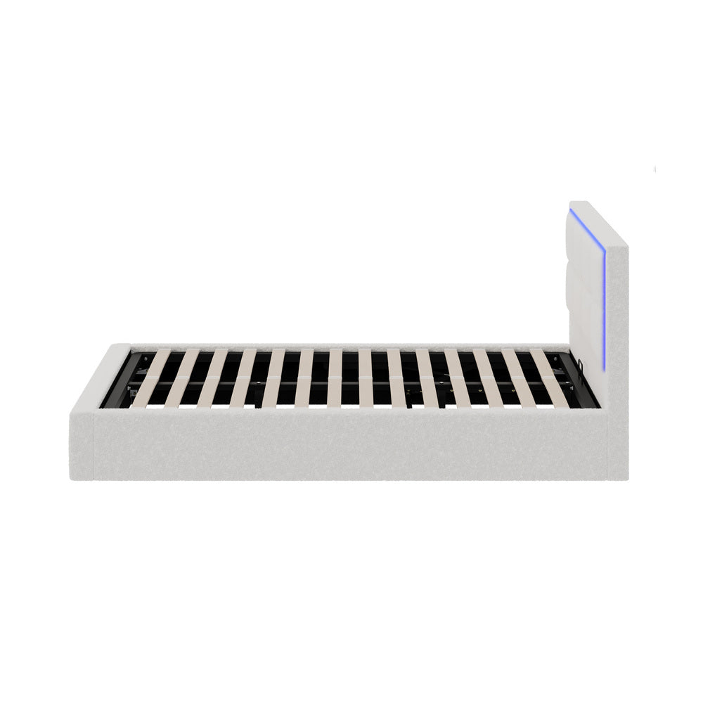 White Boucle Bed Frame with RGB LED Gas Lift Storage King Single